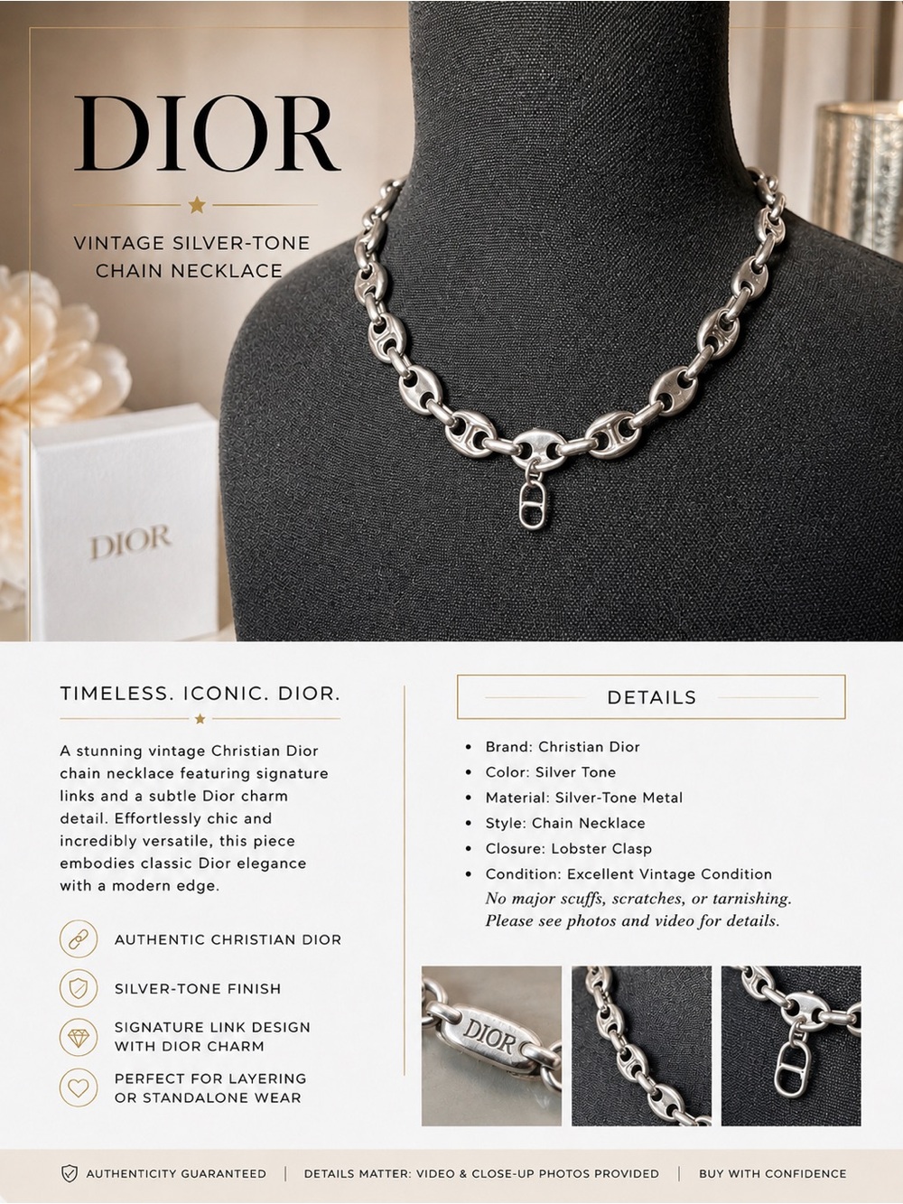 Christian Dior Authentic Vintage Puffed Mariner Link Chain Necklace in EUC✨✨